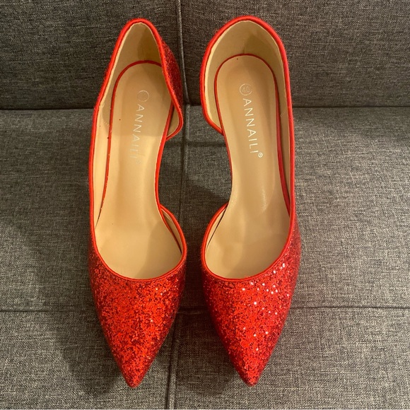 Annaili Ruby Red Glitter High Heels Stilettos Size 40 EU/ 9.5 US Women’s - Picture 2 of 9